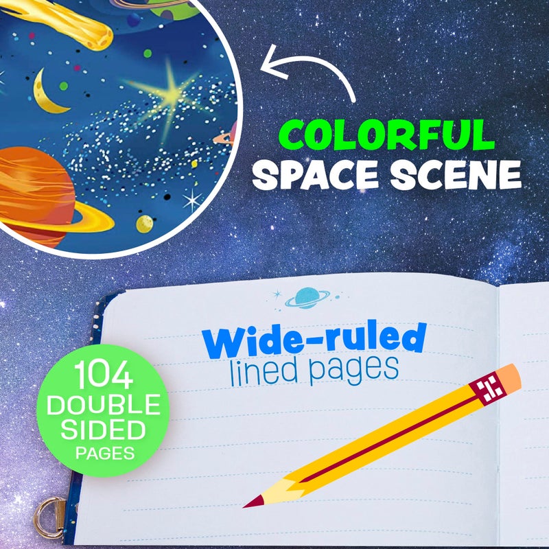 Peaceable Kingdom Deep Space Glow in the Dark 6.25" Lock and Key, Lined Page Diary for Kids - Image 4